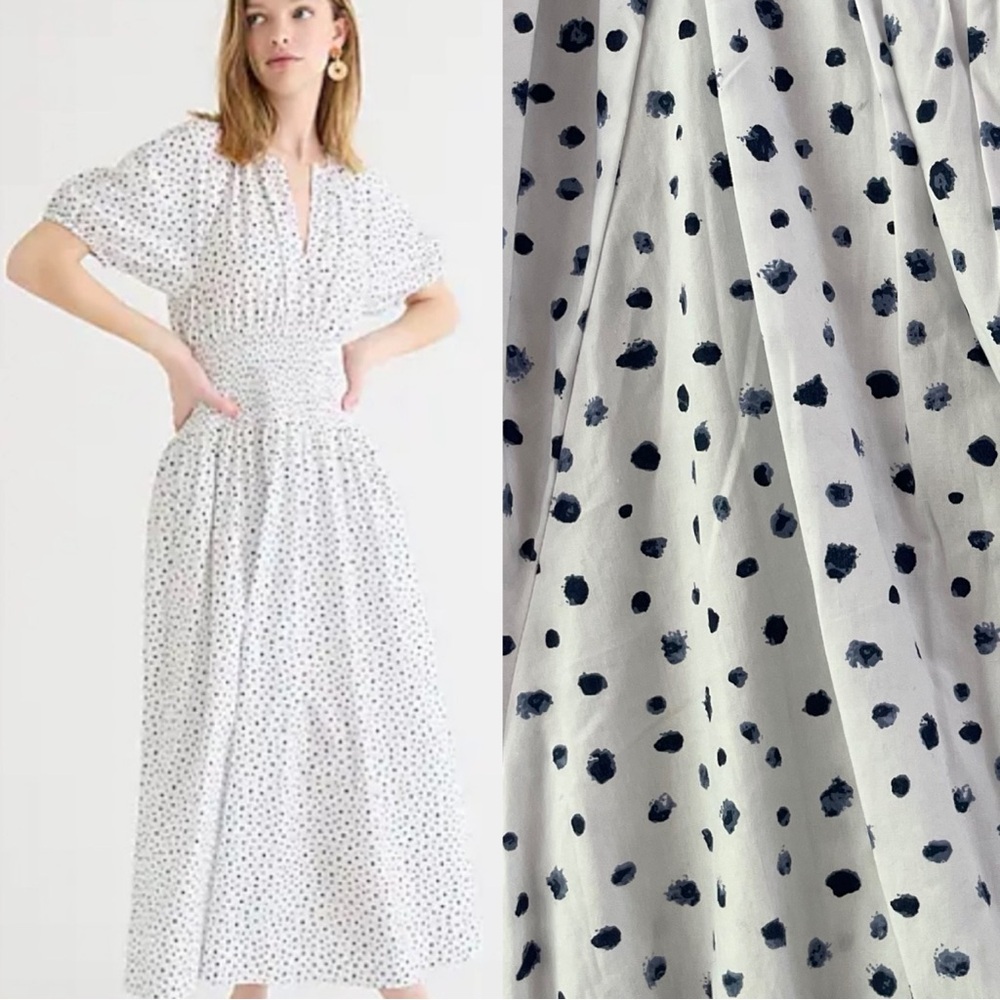 NWT J.Crew Puff-sleeve Smocked-waist Midi Dress in Dot Print M - Picture 2 of 10